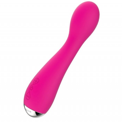 Vibrador feminino rosa em silicone com base prateada e botões.