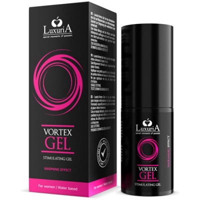 Frasco e caixa do gel estimulante Vortex Gel da Luxuria em preto e rosa