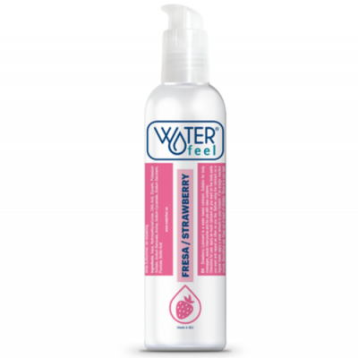 Frasco plástico branco com tampa de bomba, etiqueta azul e rosa, produto WATER feel FRESA / STRAWBERRY