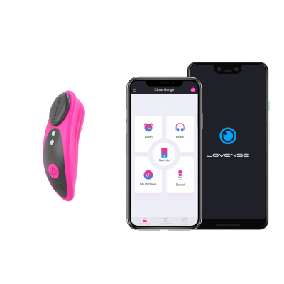 Dispositivo eletrónico rosa e preto com dois smartphones mostrando aplicação LOVENSE.