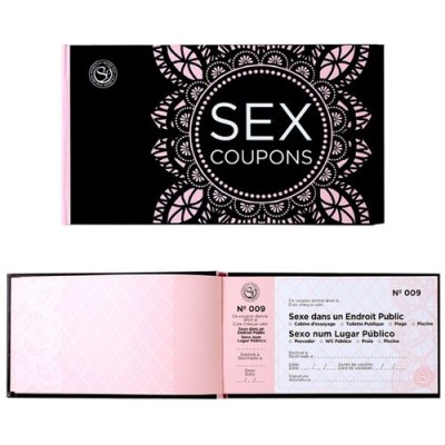 Conjunto preto e cor-de-rosa de cupons intitulados SEX COUPONS com um cupão aberto mostrando texto em francês e português