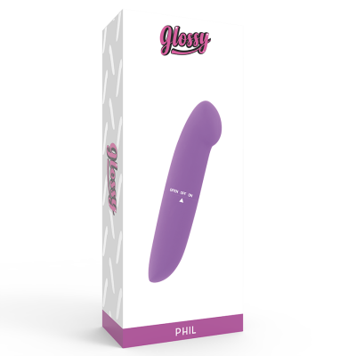 Embalagem branca contendo vibrador roxo de silicone com texto ON OFF