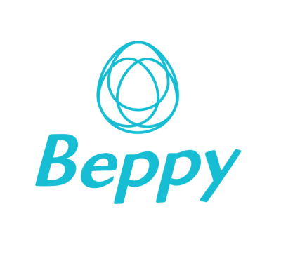 Logótipo azul claro da marca Beppy sobre fundo preto