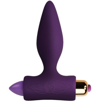 Plug anal roxo com base metálica dourada e botão rosa