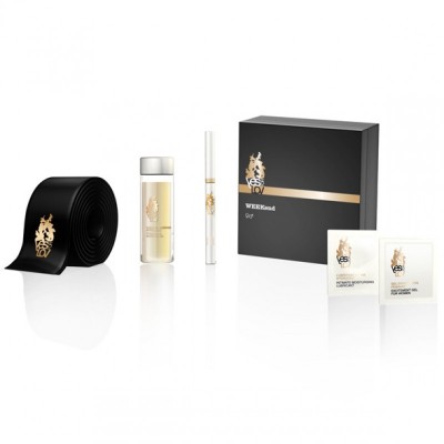 Conjunto de produtos de cuidado pessoal preto e dourado com frasco, tubo, fita preta e caixa