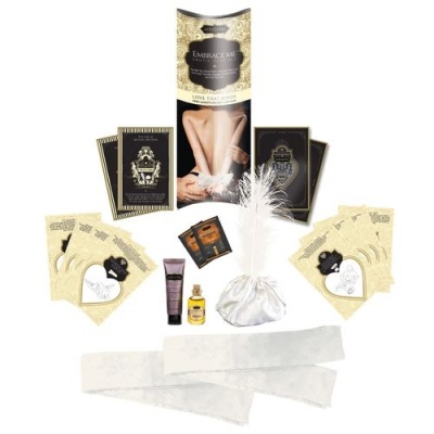 Kit de massagem com pena, frascos pequenos, cartões decorativos e fitas brancas