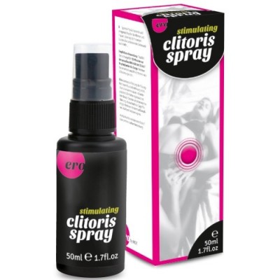 Spray estimulante para clitóris com embalagem preta e rosa e imagem de mulher
