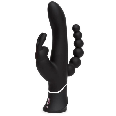 Vibrador preto com haste curva, esferas e parte em forma de coelho
