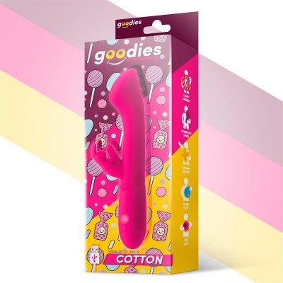 Vibrador rosa em embalagem colorida com padrões de doces e texto Goodies Cotton