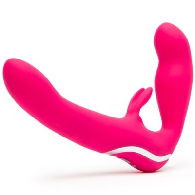 Vibrador rosa com partes curvas em silicone sobre fundo branco