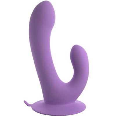 Vibrador roxo em silicone com design anatómico e base achatada