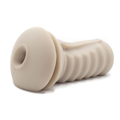 objeto cilíndrico beige com textura estriada e abertura circular