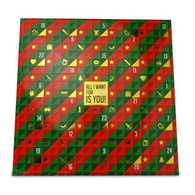 Calendário do advento quadriculado verde e vermelho com texto central amarelo