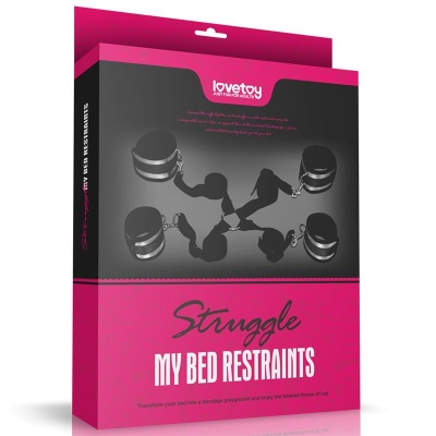 Embalagem do produto Struggle MY BED RESTRAINTS da Lovetoy com ilustração de algemas