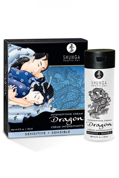 Creme intensificante Shunga Dragon com embalagem branca e caixa preta com arte japonesa