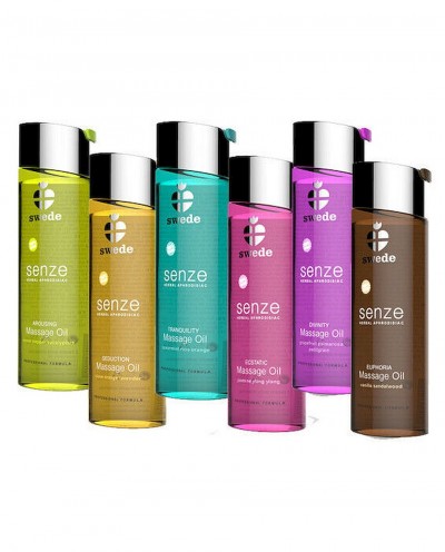 Seis frascos coloridos de óleo de massagem Swede em diferentes cores