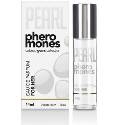 Frasco pequeno de perfume 'PEARL pheromones FOR HER' com embalagem branca e texto preto e cinza