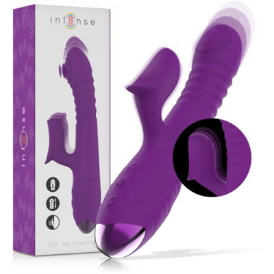 Vibrador multifuncional roxo com textura e caixa ao fundo