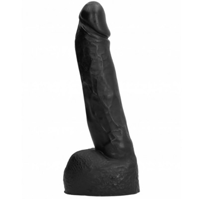 Dildo realista preto com base texturizada sobre fundo branco