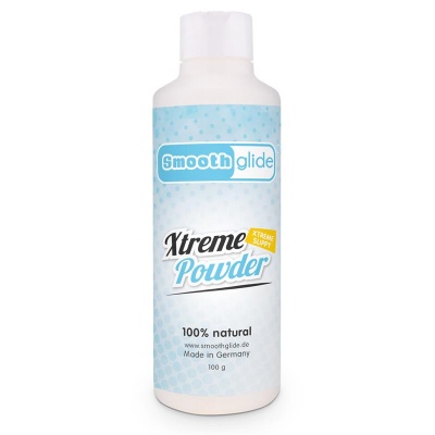 Embalagem branca de pó Xtreme Powder da Smooth Glide com rótulo azul claro e branco