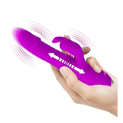 Vibrador roxo em silicone segurado por uma mão com setas indicando movimento
