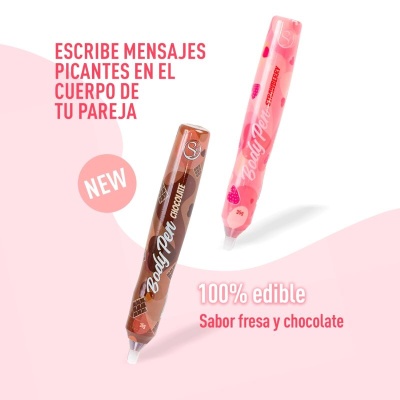 Duas canetas comestíveis, uma rosa sabor morango e outra castanha sabor chocolate, sobre fundo rosa claro.