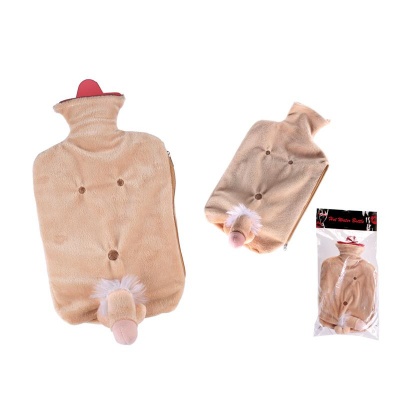 Bolsa de água quente e saco de pelúcia bege com pênis rosa em relevo e embalagem