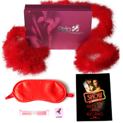 Conjunto erótico com plumas vermelhas, venda, ampulheta, dado, caixa rosa e livro preto.