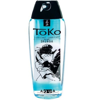 Frasco de lubrificante azul TokO Shunga Aqua com tampa preta e ilustração tradicional japonesa