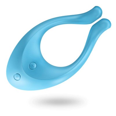 dispositivo azul em plástico com dois botões sobre fundo branco