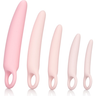 Cinco vibradores cor-de-rosa de silicone com argola na base