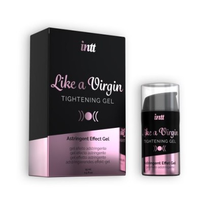 Gel 'Like a Virgin' intt para aperto íntimo, embalagem preta e rosa com frasco doseador