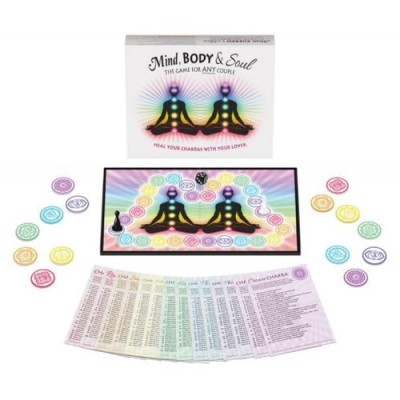 Jogo de tabuleiro Mind, BODY & Soul com peças coloridas e cartas explicativas