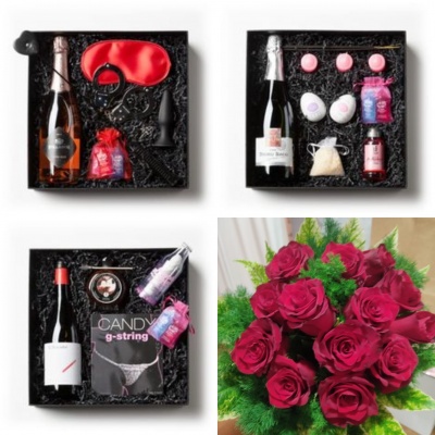 Conjuntos de presentes com vinho e acessórios eróticos, e um ramo de rosas vermelhas