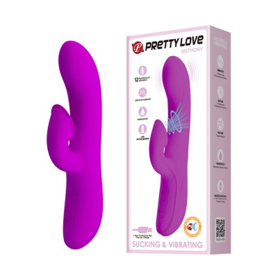 Vibrador roxo de silicone e embalagem com texto PRETTY LOVE ANTHONY SUCKING & VIBRATING