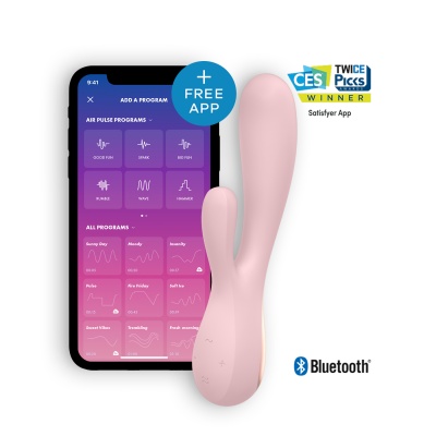Vibrador rosa com app no smartphone e símbolos de Bluetooth