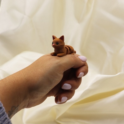 Anel de gato castanho em dedo com unhas pintadas lilás em fundo creme