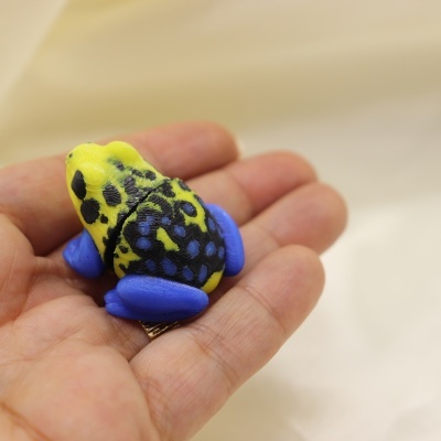 Figura pequena de rã colorida numa mão sobre fundo neutro