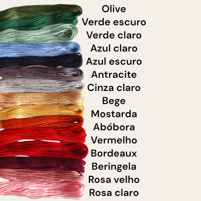 Doze meadas de fios coloridos com nomes das cores em texto ao lado