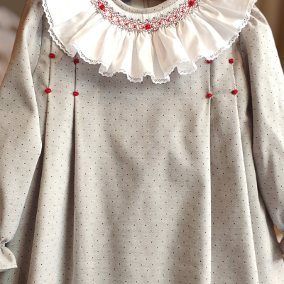 Vestido cinza claro com gola branca rodada bordada e pequenos pontos vermelhos