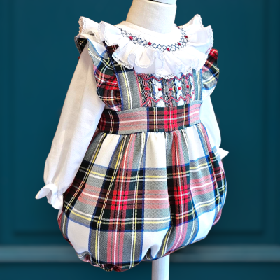 Vestido de bebé às riscas coloridas com gola folhada branca e manga comprida branca