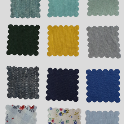 Amostras de tecido de várias cores e padrões com bordas onduladas sobre fundo branco