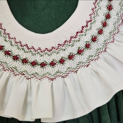 Colarinho bordado vermelho e verde em tecido branco sobre fundo verde