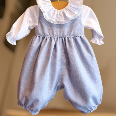 Macacão azul com gola branca e renda para bebé