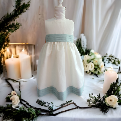 Vestido branco com faixa azul claro exposto em manequim com decoração de velas e flores