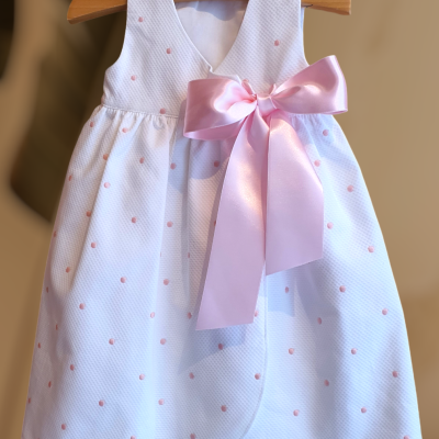 Vestido de bebé branco com pontos cor-de-rosa e laço rosa em cabide de madeira