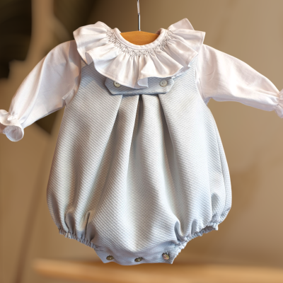 Conjunto de bebé com camisa branca e babygrow azul claro com botões