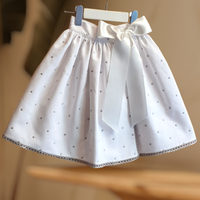 Saia infantil branca com pompons cinzentos e laço branco
