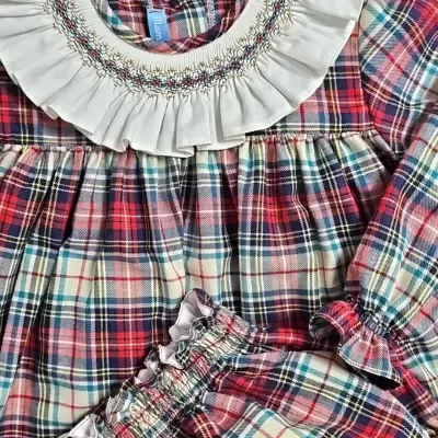Vestido infantil xadrez com gola branca e bordado colorido