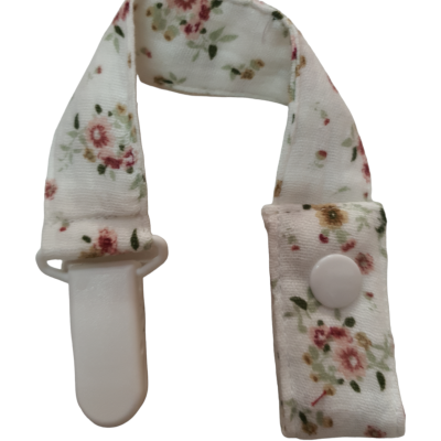 Clip para chupeta em tecido floral com botão e presilha branca